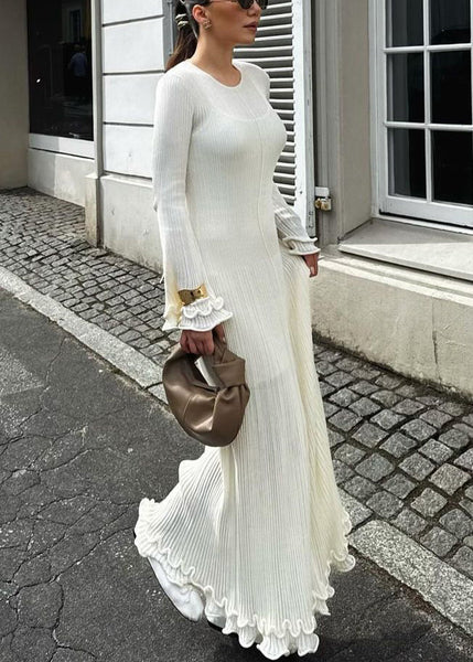 Bohemian White Ruffled Lace Up Cotton Robe Dresses Flare Sleeve WO044 OM-ZS241108