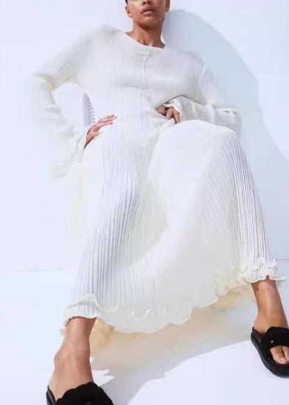 Bohemian White Ruffled Lace Up Cotton Robe Dresses Flare Sleeve WO044 OM-ZS241108