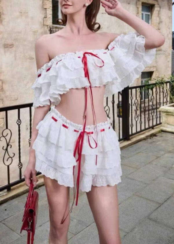 Two Bohemian Cotton Piece Set Up Ruffled White Lace Summer FashionChic