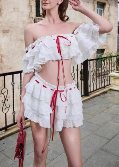 Two Bohemian Cotton Piece Set Up Ruffled White Lace Summer FashionChic