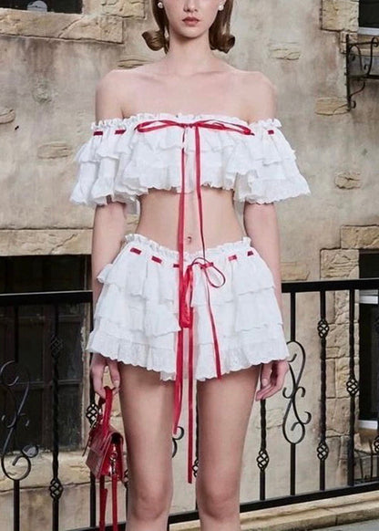 Two Bohemian Cotton Piece Set Up Ruffled White Lace Summer FashionChic