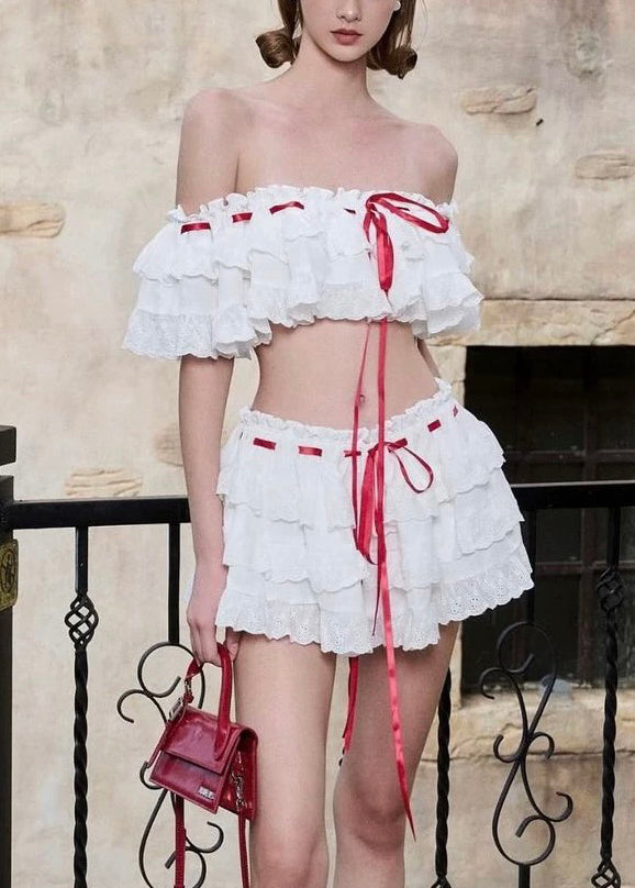 Two Bohemian Cotton Piece Set Up Ruffled White Lace Summer FashionChic