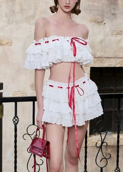 Two Bohemian Cotton Piece Set Up Ruffled White Lace Summer FashionChic