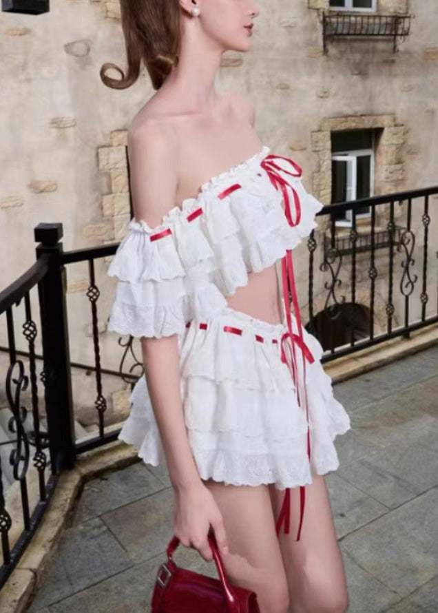 Two Bohemian Cotton Piece Set Up Ruffled White Lace Summer FashionChic