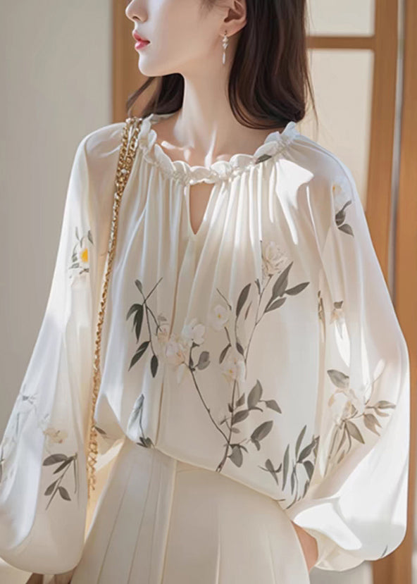 Bohemian White Ruffled Print Chiffon Shirt Fall QI008 OM-BB241005