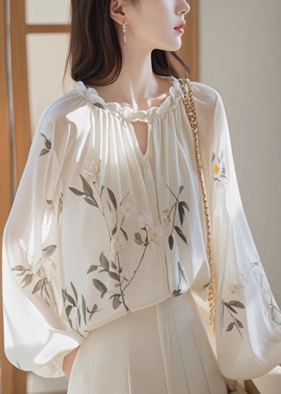 Bohemian White Ruffled Print Chiffon Shirt Fall QI008 OM-BB241005