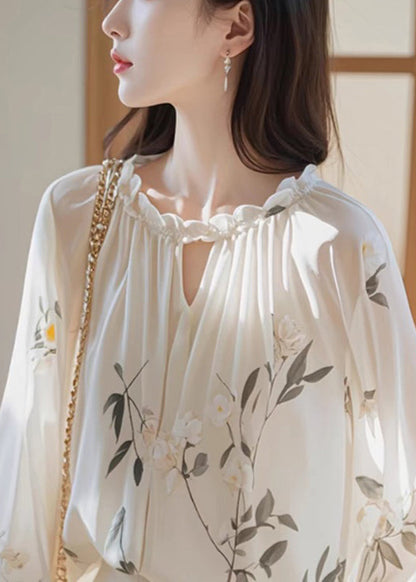Bohemian White Ruffled Print Chiffon Shirt Fall QI008 OM-BB241005