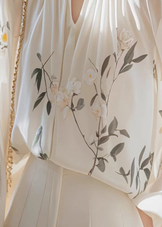 Bohemian White Ruffled Print Chiffon Shirt Fall QI008 OM-BB241005