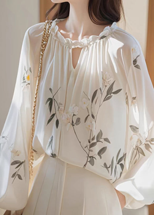 Bohemian White Ruffled Print Chiffon Shirt Fall QI008 OM-BB241005