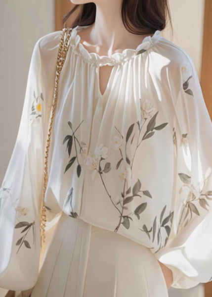 Bohemian White Ruffled Print Chiffon Shirt Fall QI008 OM-BB241005