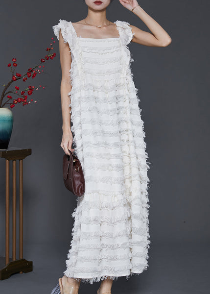Bohemian White Tasseled Cotton Summer Dresses Sleeveless SD1011 Ada Fashion