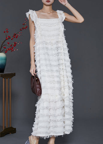 Bohemian White Tasseled Cotton Summer Dresses Sleeveless SD1011 Ada Fashion