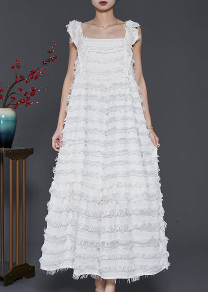 Bohemian White Tasseled Cotton Summer Dresses Sleeveless SD1011 Ada Fashion