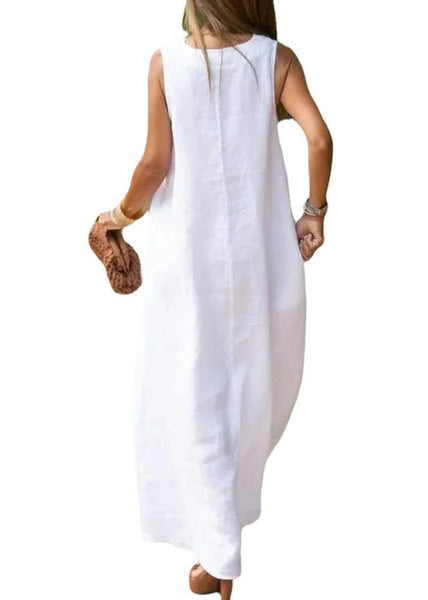 Bohemian White V Neck Cotton A Line Dress Sleeveless TL013