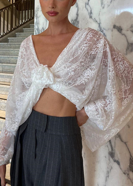 Bohemian White V Neck Floral Lace Top Spring YT020 ABC