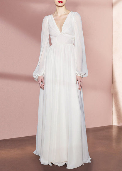 Bohemian White V Neck High Waist Solid Chiffon Holiday Dress Fall QR035 OM-ZS240929