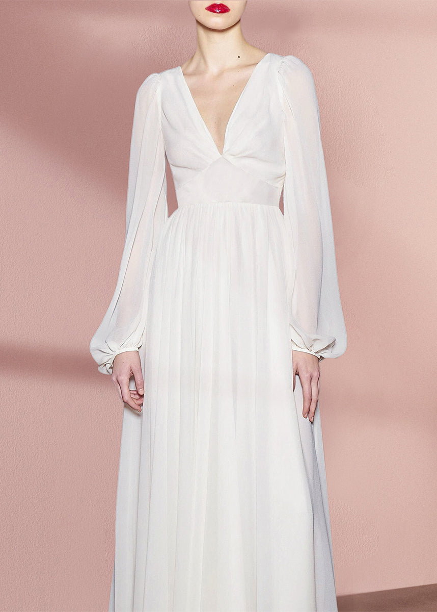 Bohemian White V Neck High Waist Solid Chiffon Holiday Dress Fall QR035 OM-ZS240929