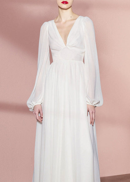 Bohemian White V Neck High Waist Solid Chiffon Holiday Dress Fall QR035 OM-ZS240929