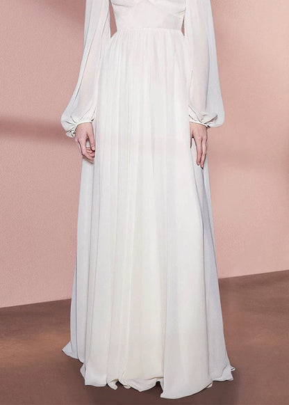 Bohemian White V Neck High Waist Solid Chiffon Holiday Dress Fall QR035 OM-ZS240929