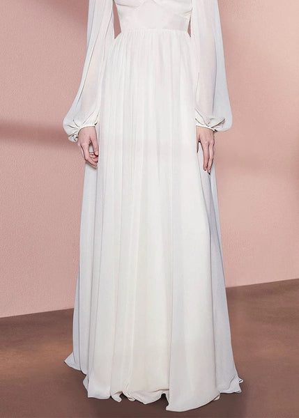 Bohemian White V Neck High Waist Solid Chiffon Holiday Dress Fall QR035 OM-ZS240929