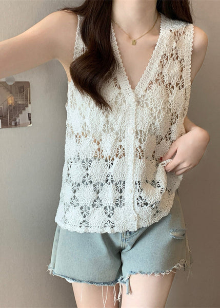 White Sleeveless Neck Tops V Bohemian Knit FashionChic