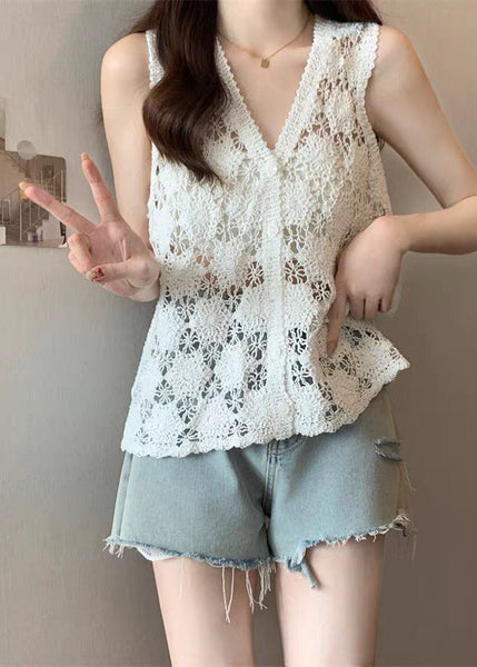 White Sleeveless Neck Tops V Bohemian Knit FashionChic