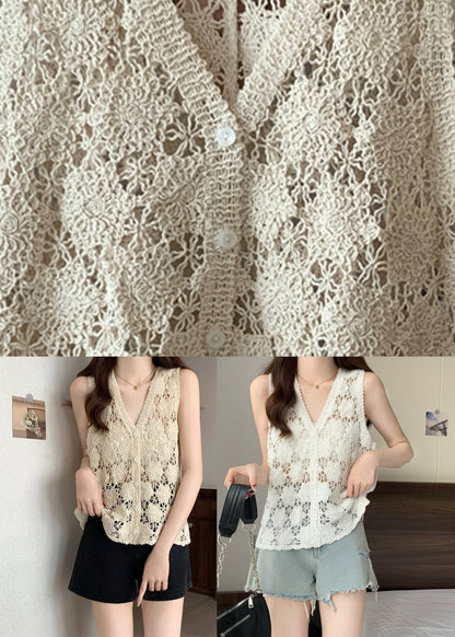 White Sleeveless Neck Tops V Bohemian Knit FashionChic