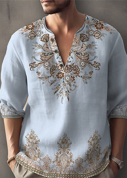 V White Men's Neck Half Print Cotton Shirts T Bohemian Oversized FashionChic