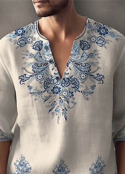 V White Men's Neck Half Print Cotton Shirts T Bohemian Oversized FashionChic