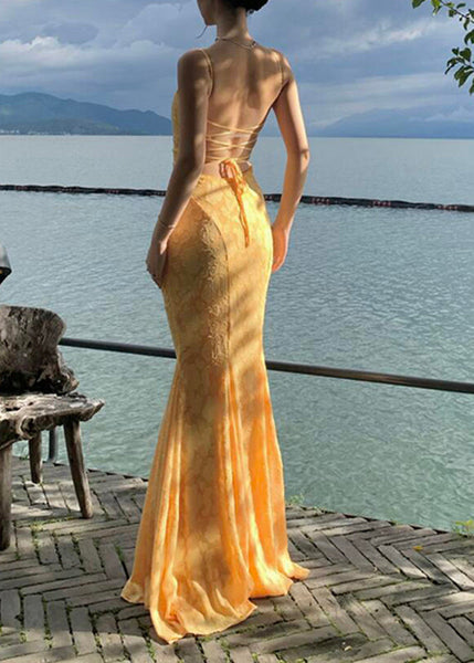 Strap Spaghetti Backless Yellow FishTail Dress Lace Bohemian Maxi FashionChic