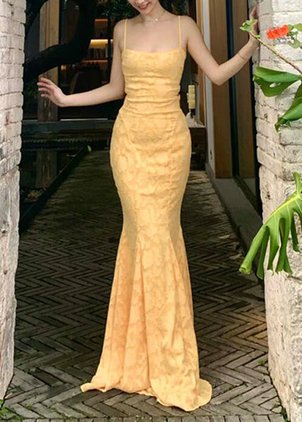 Strap Spaghetti Backless Yellow FishTail Dress Lace Bohemian Maxi FashionChic