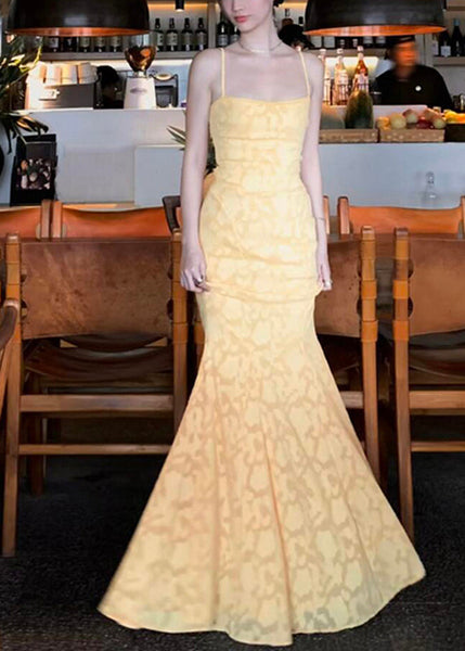 Strap Spaghetti Backless Yellow FishTail Dress Lace Bohemian Maxi FashionChic