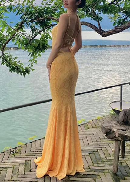 Strap Spaghetti Backless Yellow FishTail Dress Lace Bohemian Maxi FashionChic
