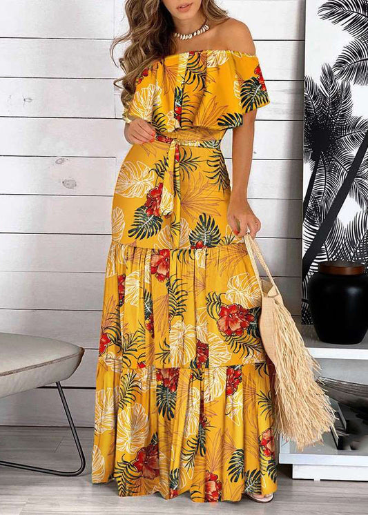 Print Shoulder Yellow Cold Bohemian Wrinkled Dress Short Maxi FashionChic