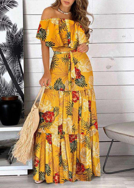 Print Shoulder Yellow Cold Bohemian Wrinkled Dress Short Maxi FashionChic