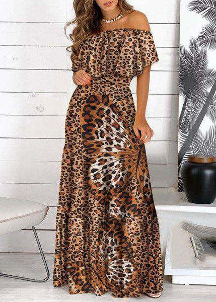 Print Shoulder Yellow Cold Bohemian Wrinkled Dress Short Maxi FashionChic