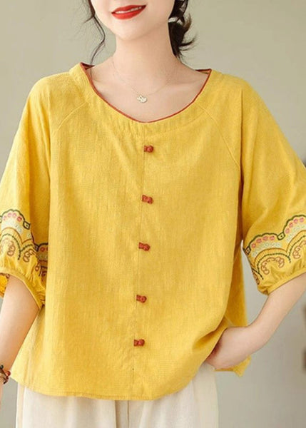 Bohemian Half Sleeve Shirt Embroidered Yellow FashionChic