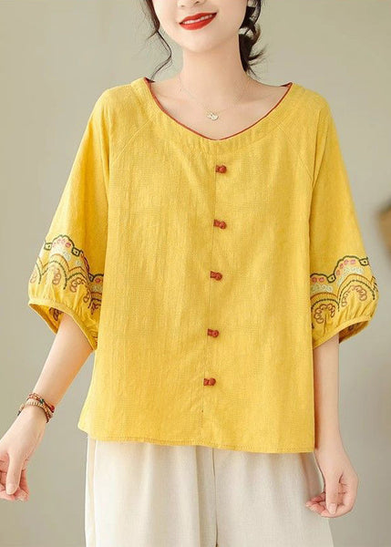 Bohemian Half Sleeve Shirt Embroidered Yellow FashionChic