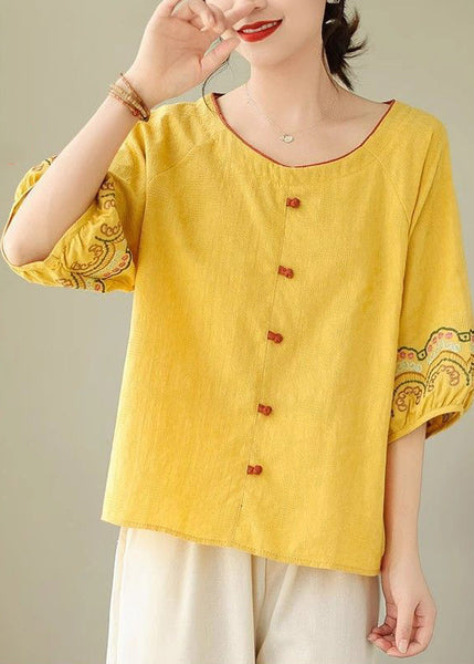 Bohemian Half Sleeve Shirt Embroidered Yellow FashionChic