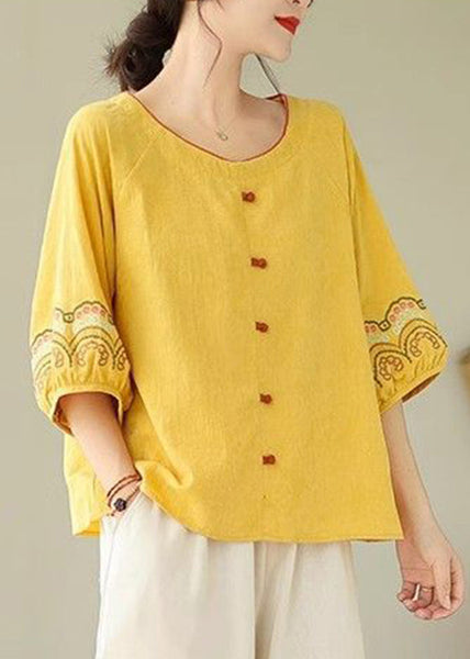 Bohemian Half Sleeve Shirt Embroidered Yellow FashionChic