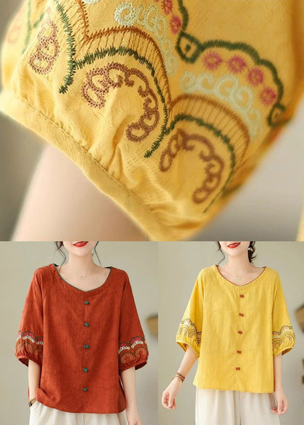 Bohemian Half Sleeve Shirt Embroidered Yellow FashionChic