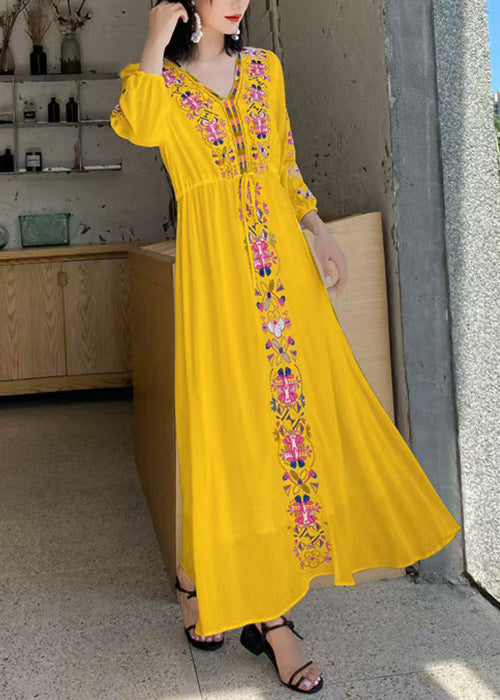 Embroidered Dresses Vacation Yellow Bohemian Tie Waist Cotton FashionChic