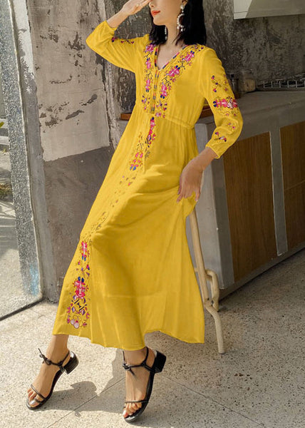 Embroidered Dresses Vacation Yellow Bohemian Tie Waist Cotton FashionChic