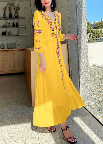 Embroidered Dresses Vacation Yellow Bohemian Tie Waist Cotton FashionChic