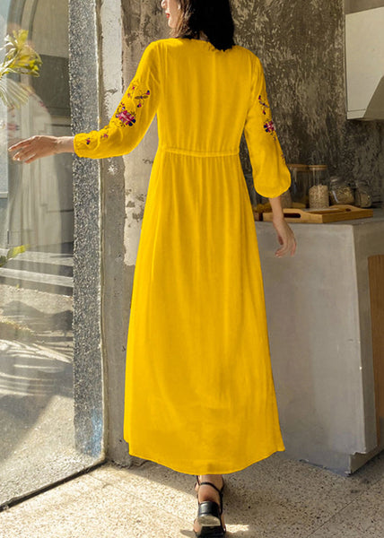 Embroidered Dresses Vacation Yellow Bohemian Tie Waist Cotton FashionChic