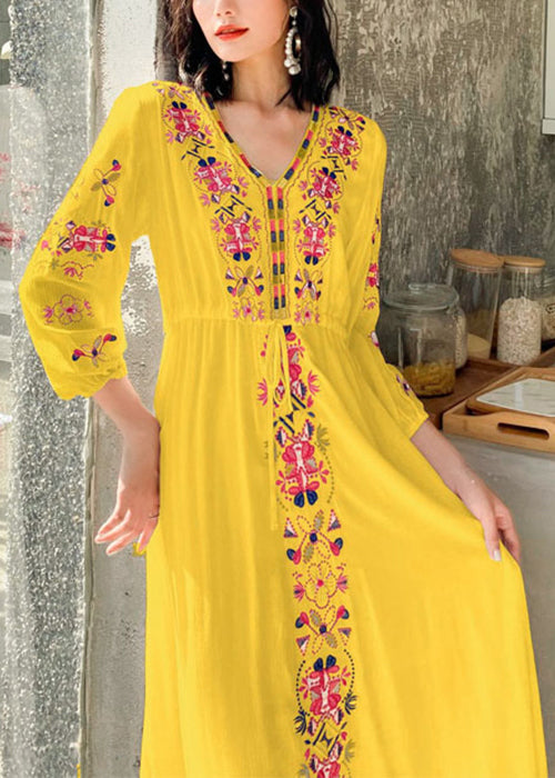Embroidered Dresses Vacation Yellow Bohemian Tie Waist Cotton FashionChic