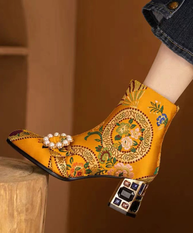 Bohemian Yellow Embroidery Nail Bead Zircon Chunky Heel Boots CZ1012 Ada Fashion