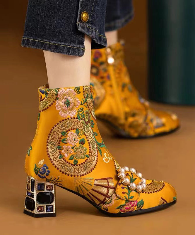 Bohemian Yellow Embroidery Nail Bead Zircon Chunky Heel Boots CZ1012 Ada Fashion