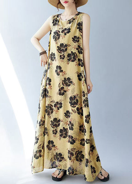 Bohemian Cotton Yellow Oversized Sleeveless Print Dresses FashionChic