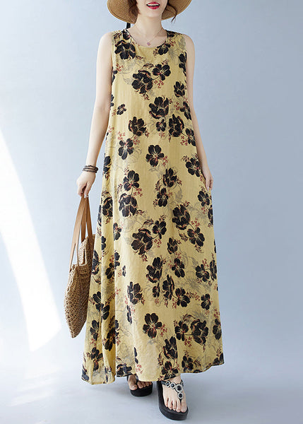 Bohemian Cotton Yellow Oversized Sleeveless Print Dresses FashionChic